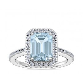 Classic Halo Diamond Engagement Ring With Emerald-Cut Aquamarine In 14k White Gold (8x6mm)